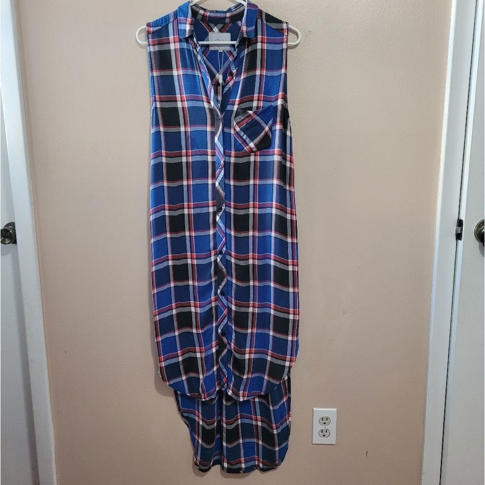 Rails Jordyn Plaid Tunic Sleeveless Top Blue Red Tartan Maxi Duster Vest S